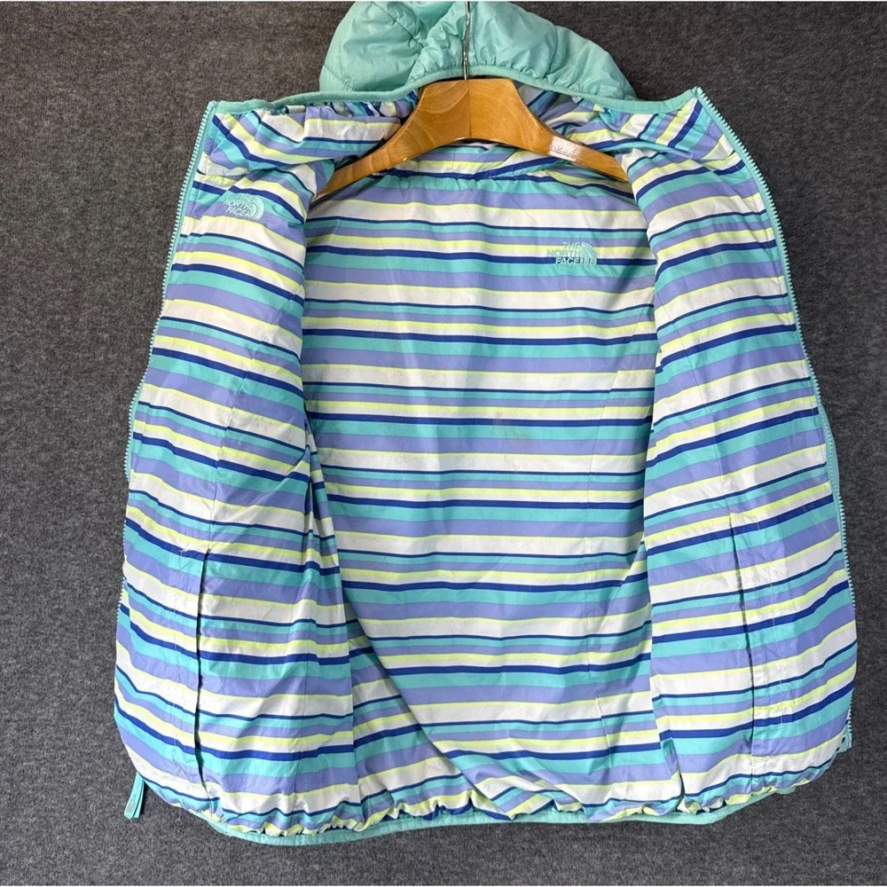 The North Face Reversible Hooded Jacket Girls L 14/16 Teal Or Striped Mossbud